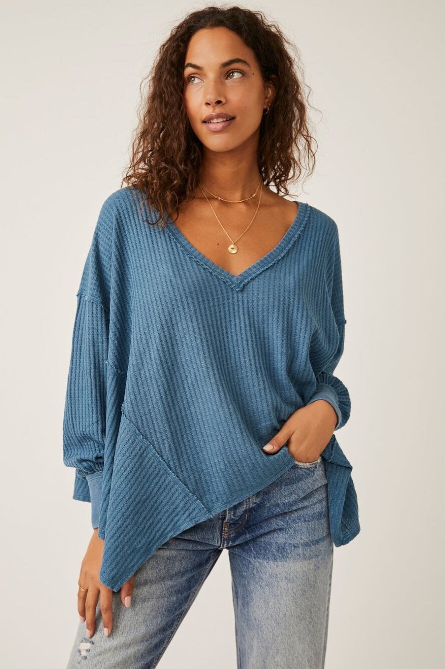Free People We The Free Caroline Teal Cotton Blend Thermal Top Small
